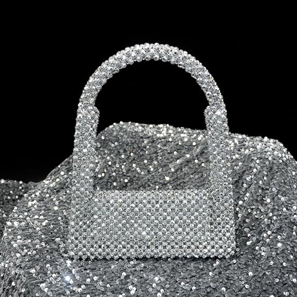 Neiman Marcus Silver Pearl Beaded Evening Clutch Purse - Picture 2 of 4